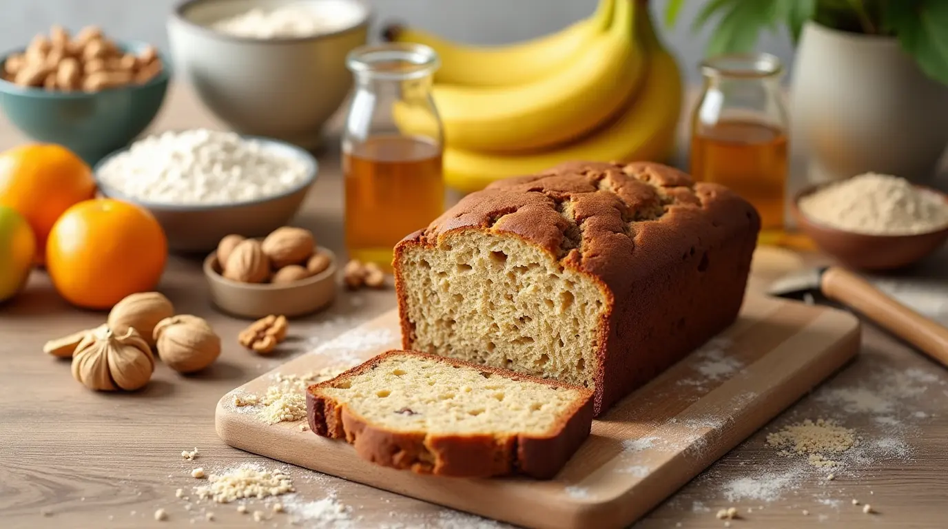 Ingredients and finished banana bread for healthy baking