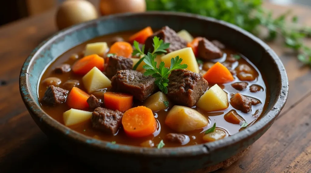 Rustic bowl of beef stew nutrition with beef, vegetables, and herbs
