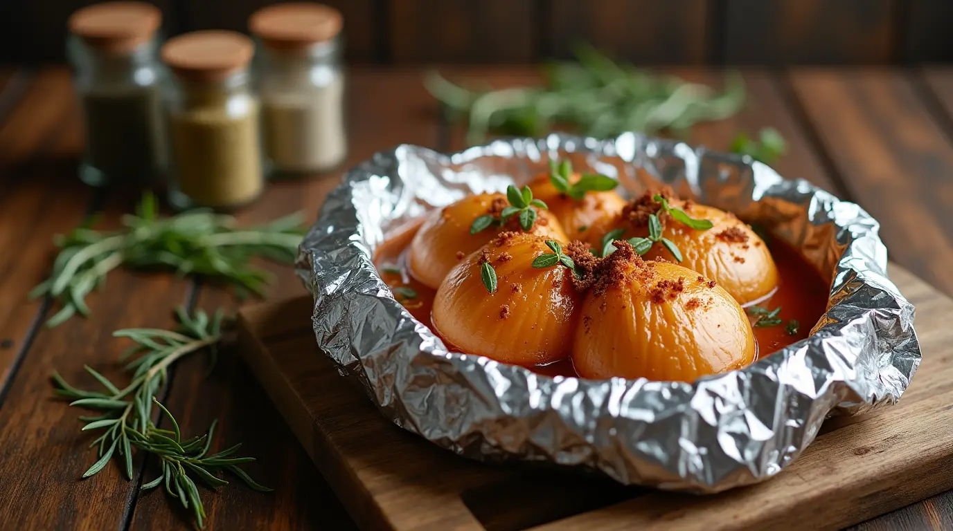 Perfectly cooked onion boil wrapped in foil on a rustic table