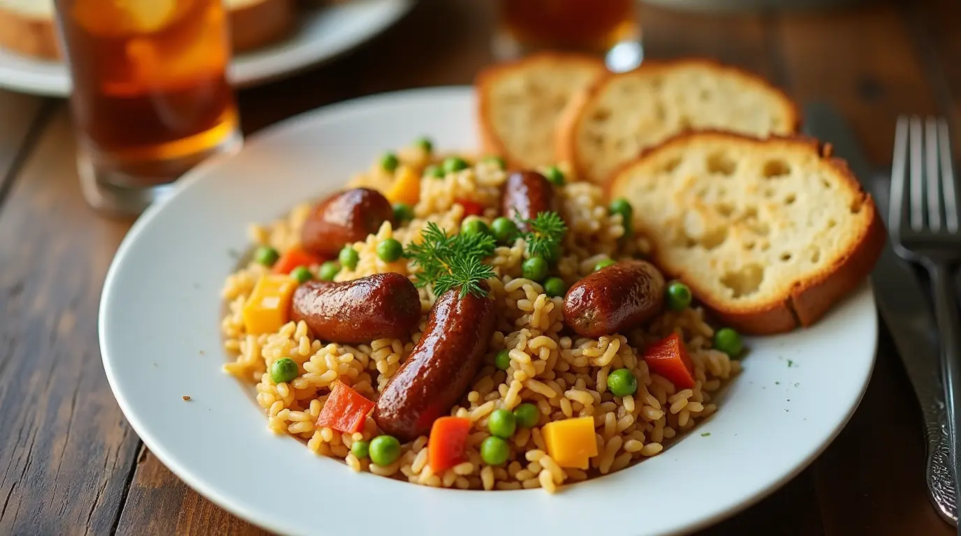 A plated sausage and rice dish with vegetables and garlic bread.