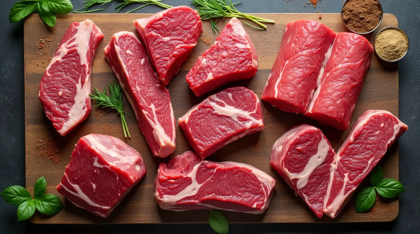 Raw individual beef cuts labeled on a butcher's block