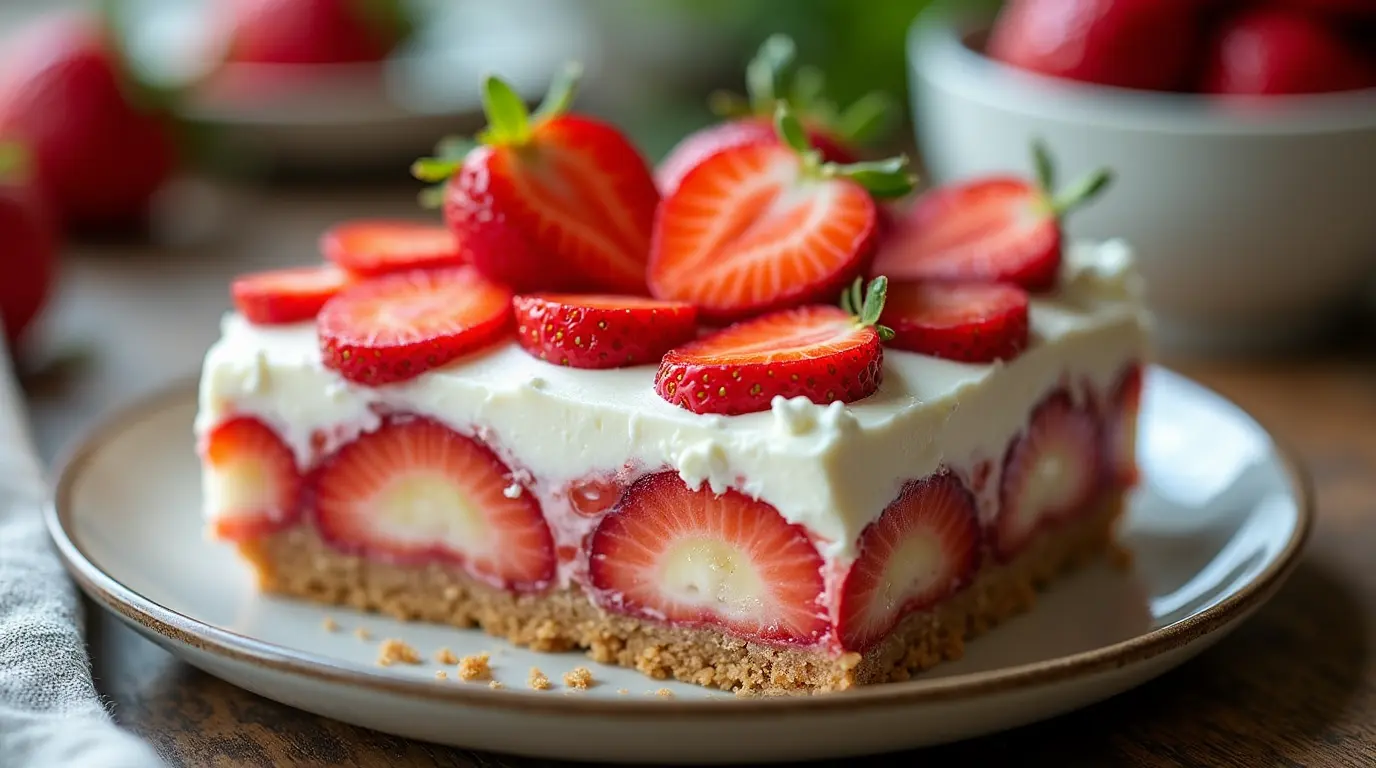 Strawberry lasagna slice with neat cream layers and fresh strawberries on top