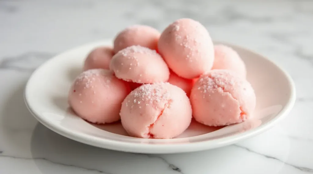 Strawberry Snowball Mochi on a white ceramic plate with fresh strawberries.