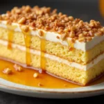 A layered honey cake topped with a drizzle of golden honey and crushed nuts.