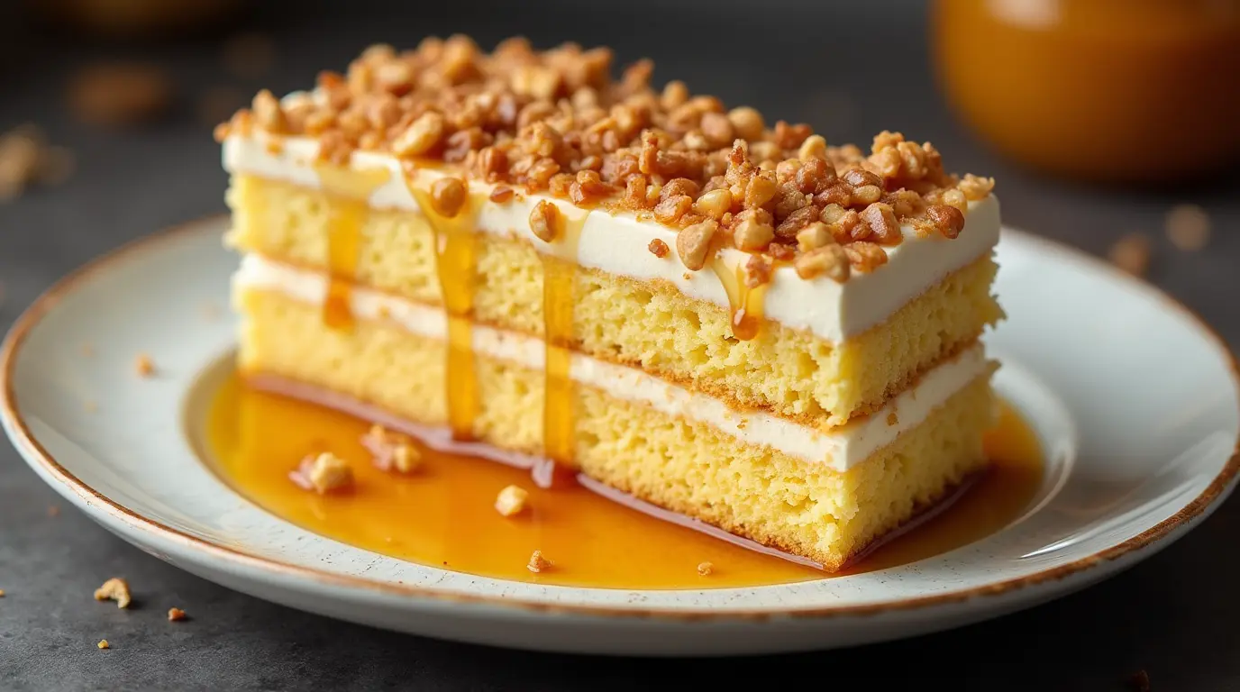 A layered honey cake topped with a drizzle of golden honey and crushed nuts.