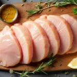 Thin cut chicken breast on a wooden board with fresh herbs and lemon wedges.