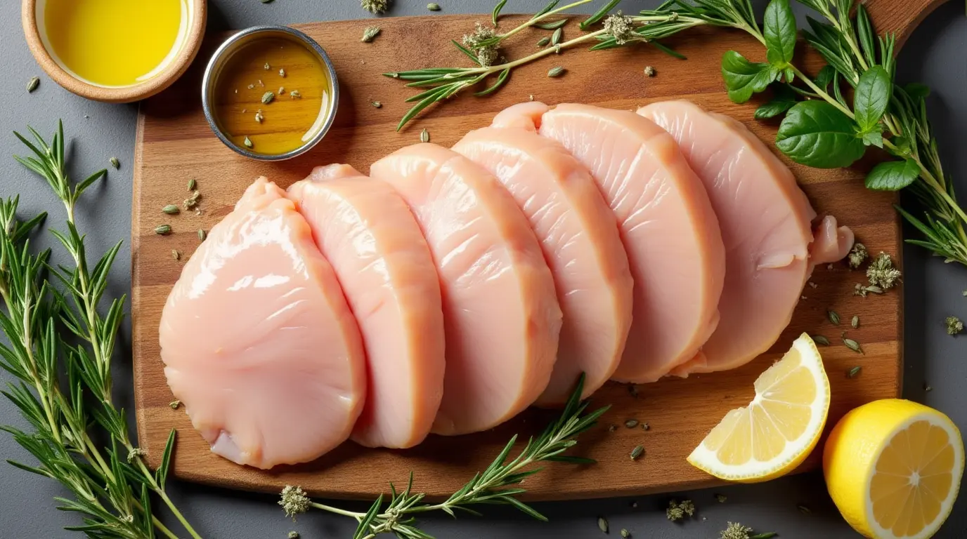 Thin cut chicken breast on a wooden board with fresh herbs and lemon wedges.