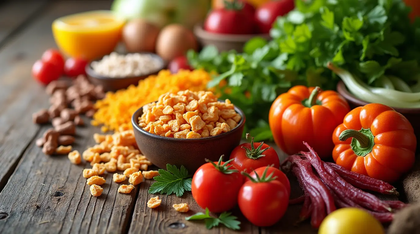 Assortment of shribried foods on a rustic wooden table.