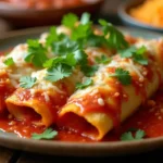 Plate of enchiladas with red sauce, melted cheese, and cilantro.