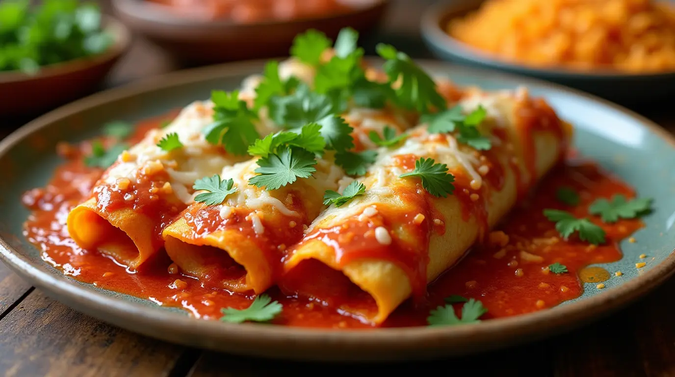 Plate of enchiladas with red sauce, melted cheese, and cilantro.