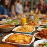 A potluck table filled with main dishes like lasagna, salads, and stew.