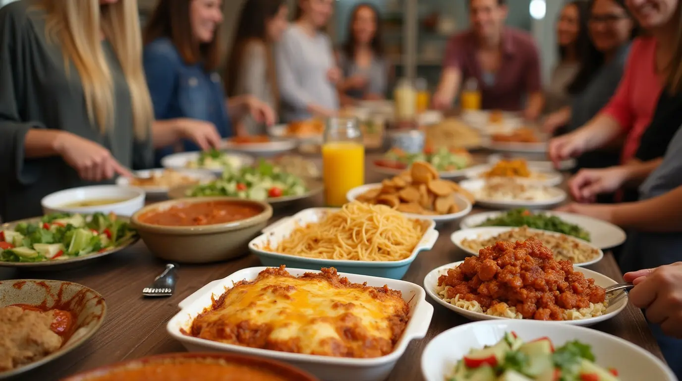 A potluck table filled with main dishes like lasagna, salads, and stew.