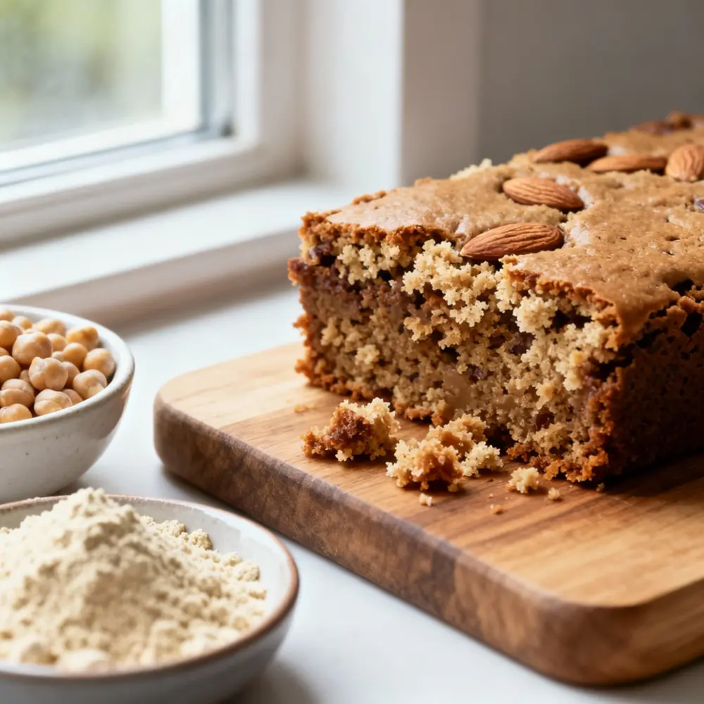 Close-up of Gluten and Dairy Free almond flour cake with chickpea flour and almonds on top
