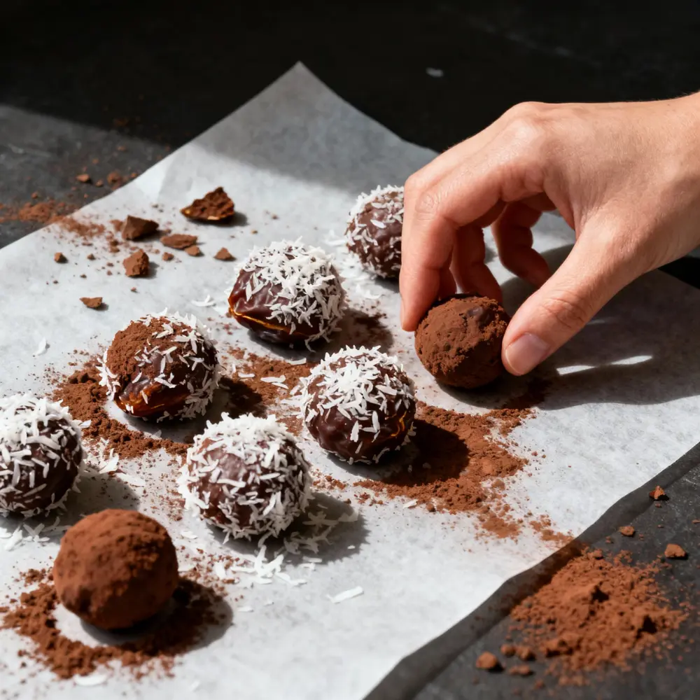 Hand placing Gluten and Dairy Free chocolate date truffle rolled in cocoa and coconut on parchment