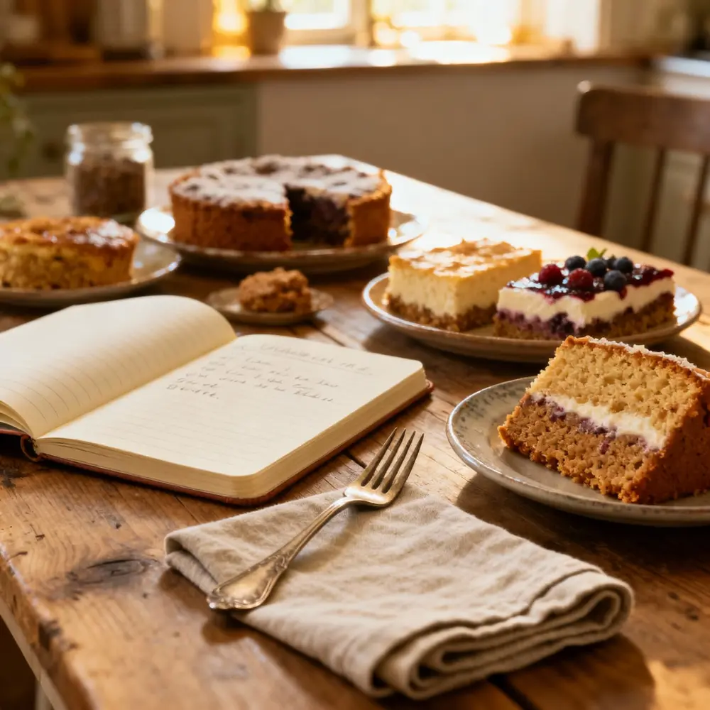Cozy kitchen table with assorted Gluten and Dairy Free desserts and an open recipe notebook