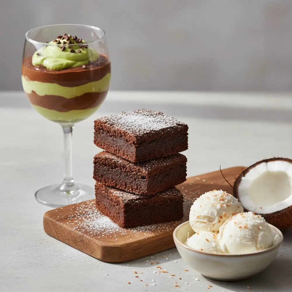 Trio of Gluten and Dairy Free desserts, avocado chocolate mousse, almond flour brownies, and coconut ice cream on a board