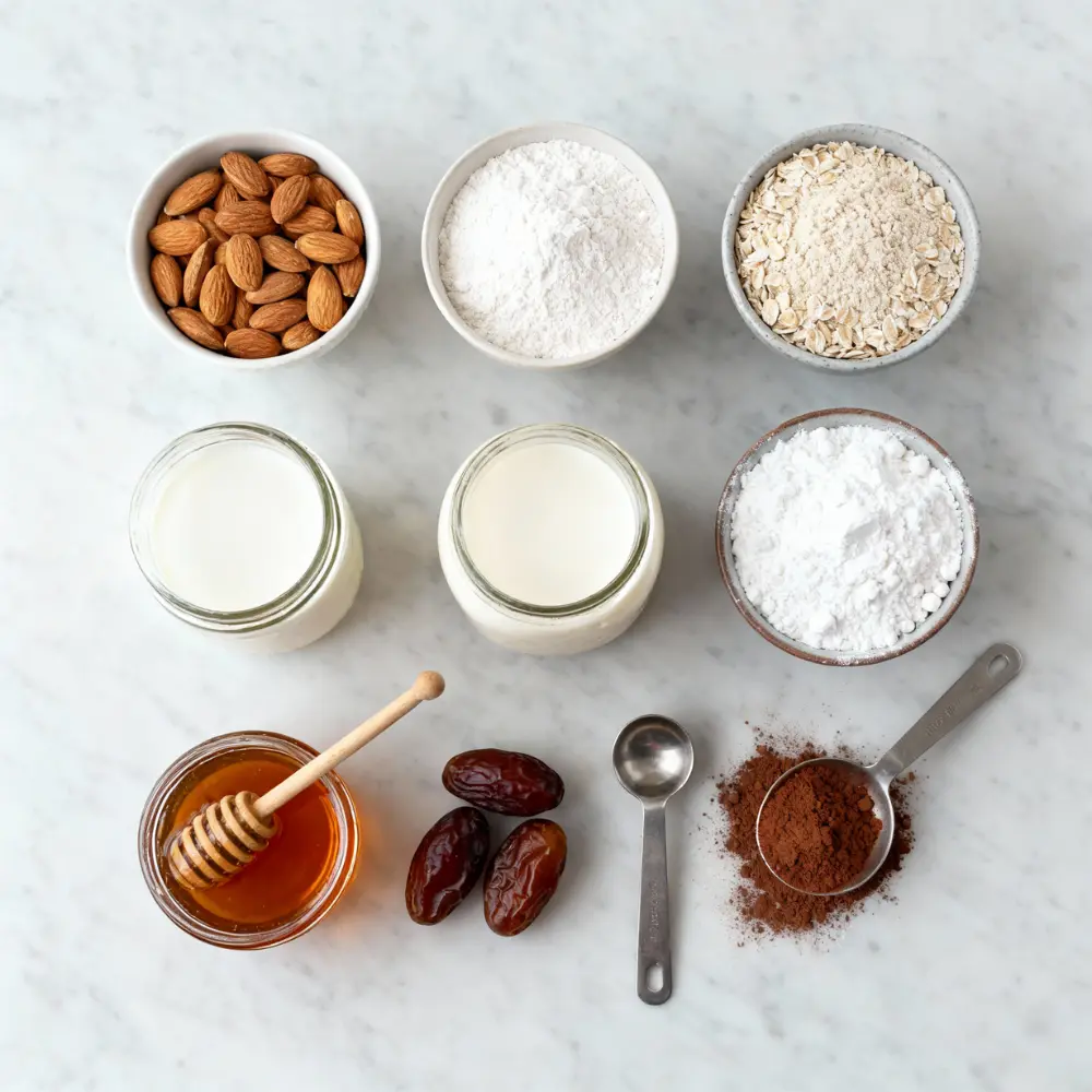 Top view of Gluten and Dairy Free baking ingredients including almond flour, oat flour, plant milk, dates, honey, and cocoa powder