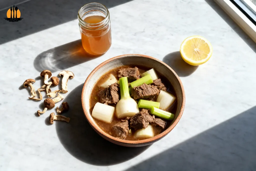 Healthy Beef Stew Guide with keto root vegetables and bone broth on a sunny counter.