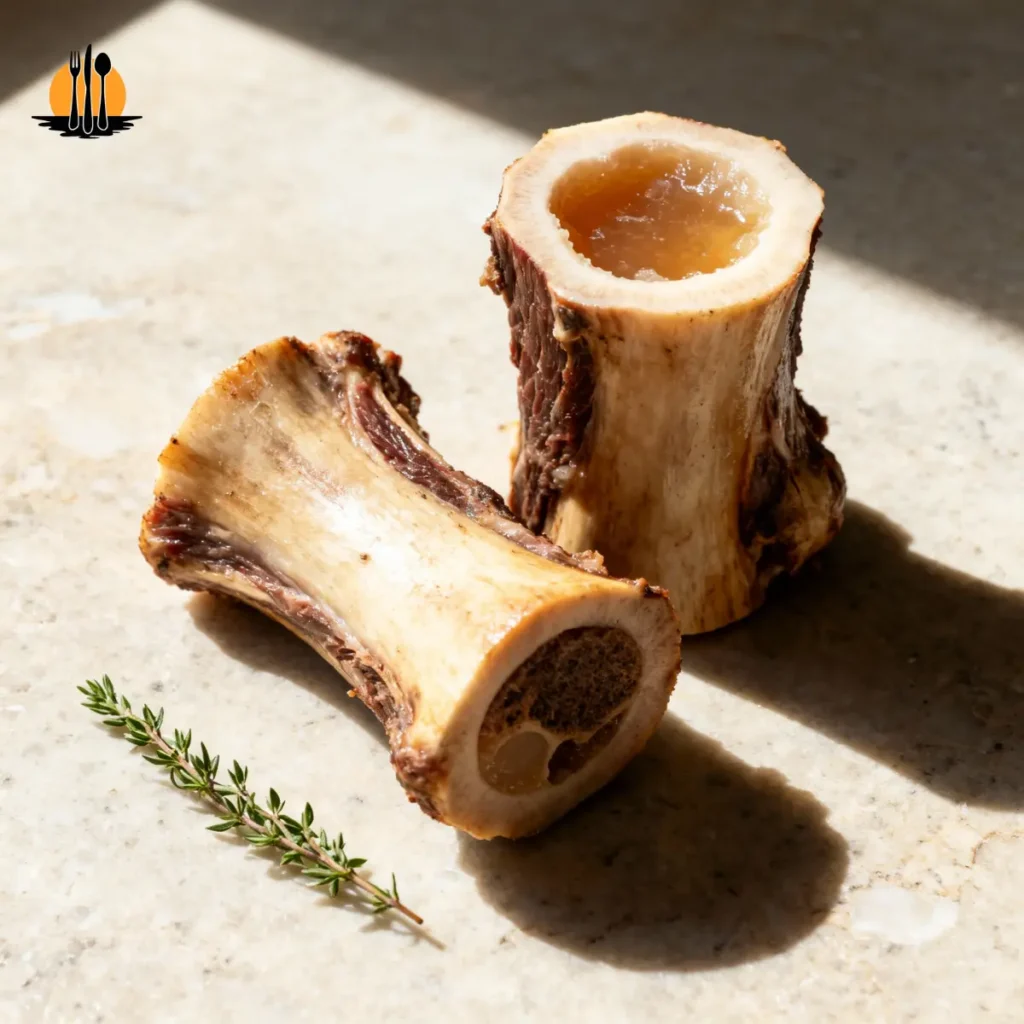     Fresh beef marrow bones with herbs on a stone counter, showing healthy fats for a nutritious stew.