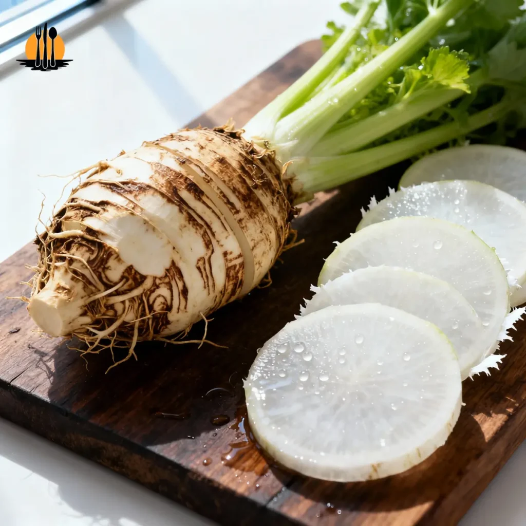     Fresh celery root and sliced daikon radish on a wooden board as healthy beef stew potato substitutes.