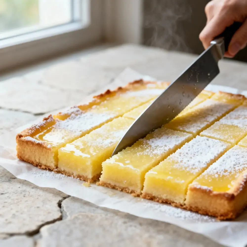 Hand slicing chilled lemon bars with a warm knife, clean straight cuts and powdered sugar on top.