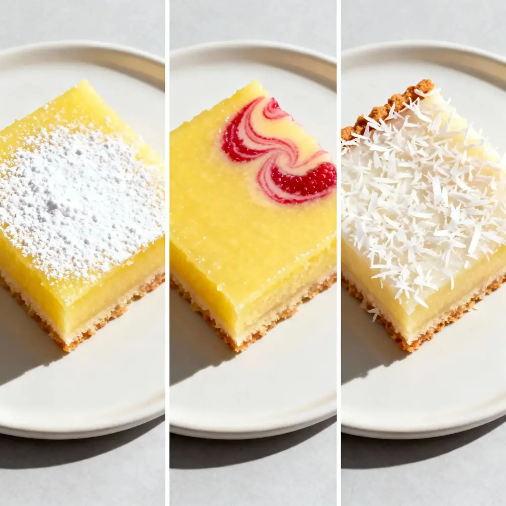 Three Lemon Bars variations on one plate collage: classic with powdered sugar, raspberry swirl, and coconut-topped version.