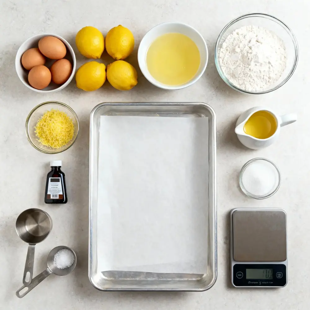 Top down flat lay of Lemon Bars ingredients with eggs, lemons, zest, flour, sugar, melted butter, vanilla, salt, lined 9x13 pan, and a digital scale.