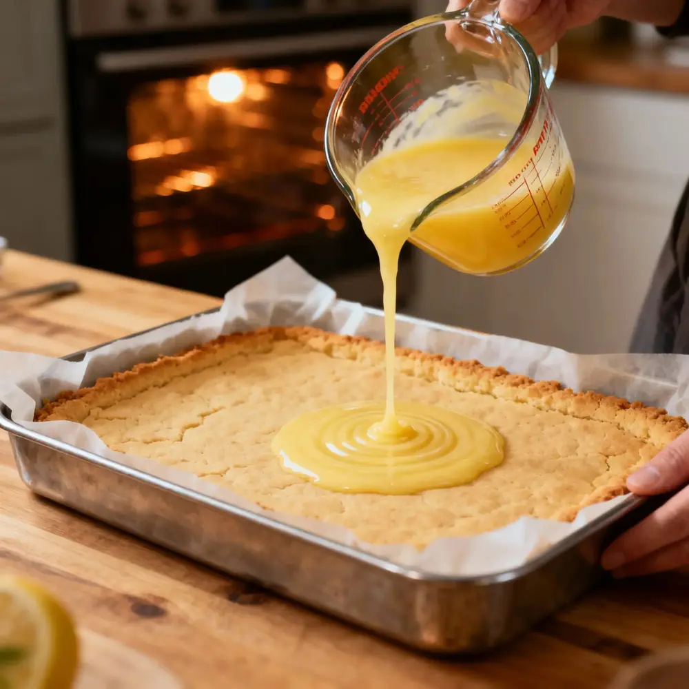 Silky lemon filling poured from a measuring jug onto a hot prebaked shortbread crust in a 9x13 pan.