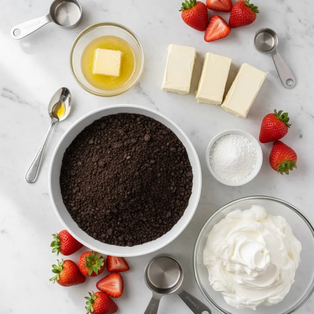 Ingredients for strawberry lasagna arranged on a white marble surface, including cookie crumbs, butter, cream cheese, powdered sugar, whipped cream, and fresh strawberries.
