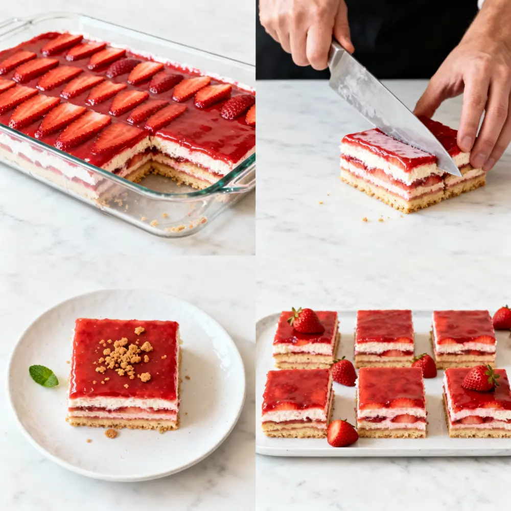 Four-part collage showing perfect presentation of strawberry lasagna: whole dessert in pan, clean slicing with warm knife, plated square slice, and neatly arranged portions topped with strawberries.