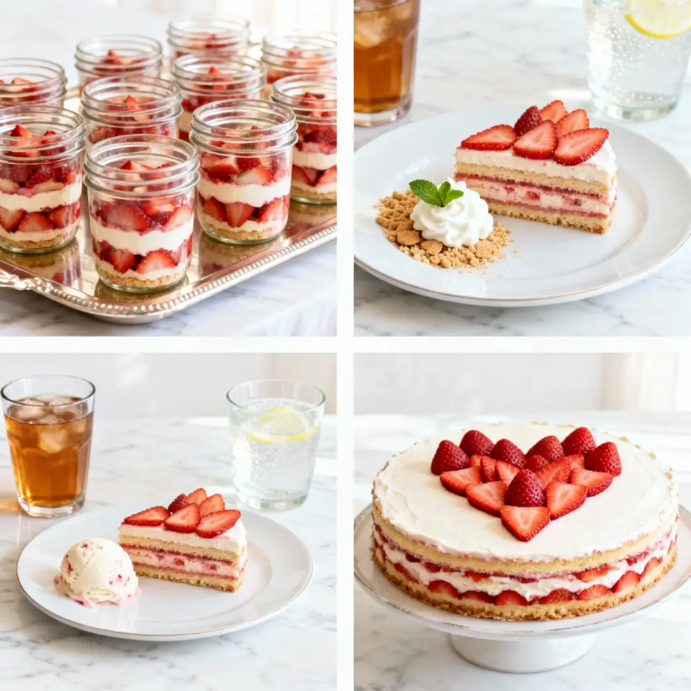 Four-image collage showing strawberry lasagna served in mason jars, decorated slices with whipped cream and mint, plated with ice cream and drinks, and a full cake topped with strawberries in a heart pattern.