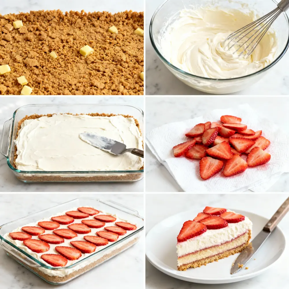 Six-step collage showing strawberry lasagna preparation: crust pressed in dish, cream mixed, layer spread, strawberries dried, assembled dessert, and a clean sliced piece ready to serve.