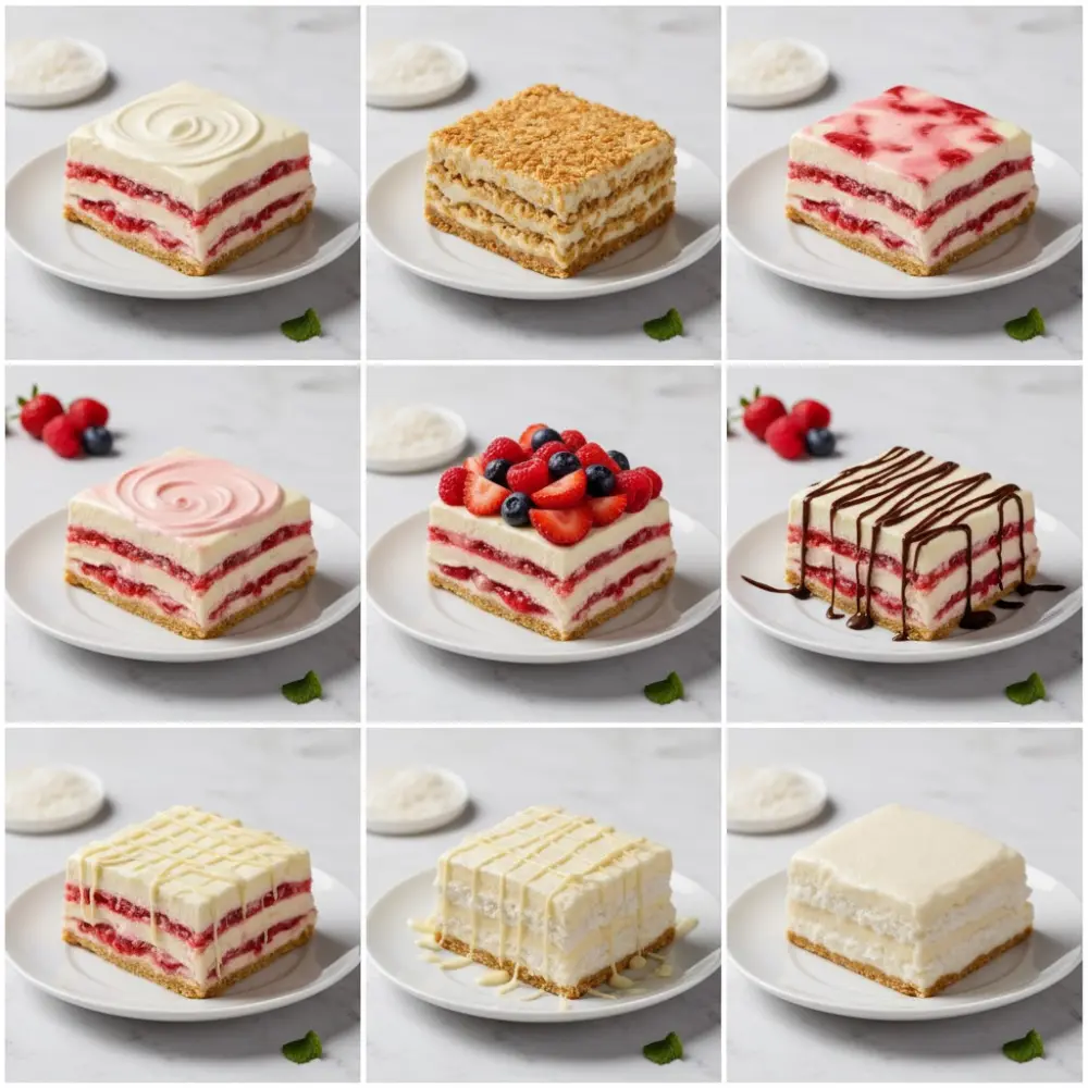 Nine finished slices of strawberry lasagna showing different variations: Greek yogurt cream, gluten-free base, mixed berries, chocolate drizzle, white chocolate drizzle, and dairy-free coconut cream layers.