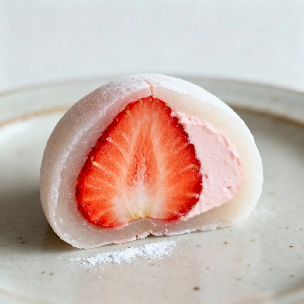 Strawberry Snowball Mochi cross section showing a fresh strawberry and pale pink cream filling on a ceramic plate, Strawberry Snowball Mochi Recipe