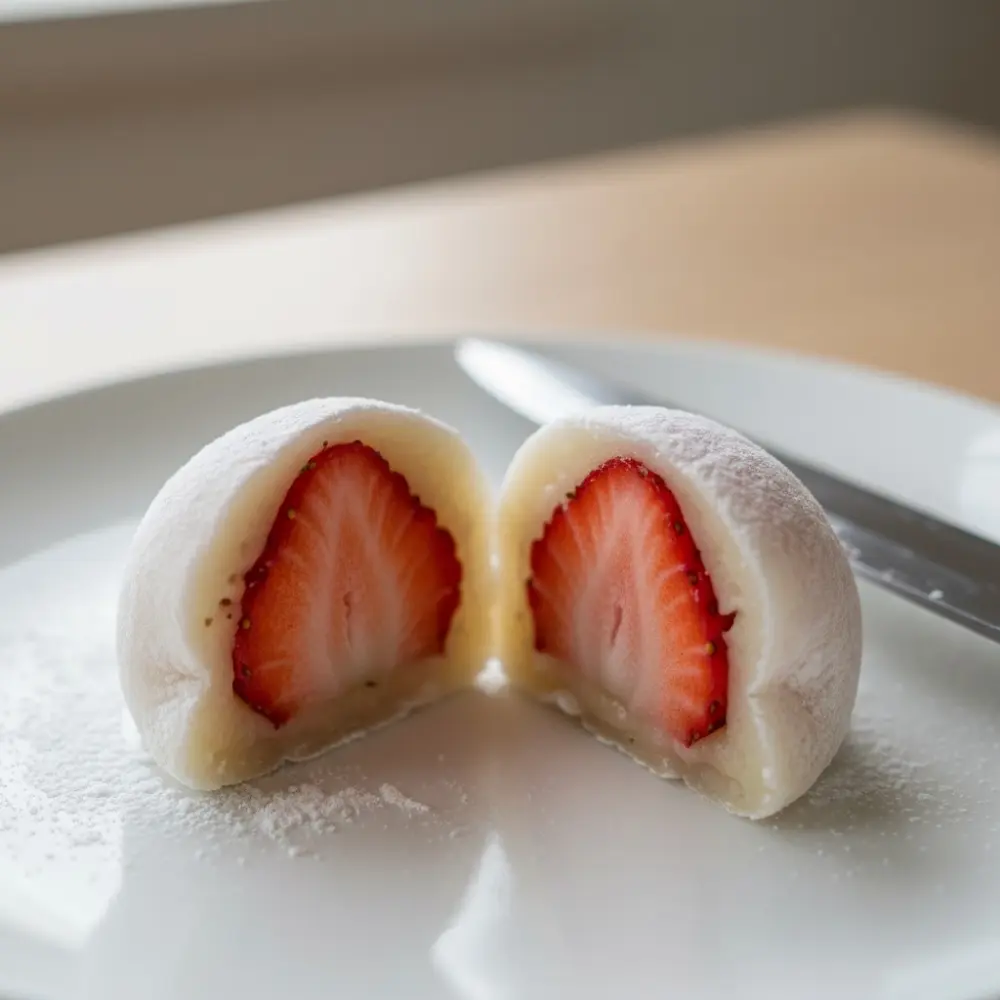 Strawberry Snowball Mochi cut in half on a white plate showing a fresh strawberry center, knife in background, Strawberry Snowball Mochi Recipe