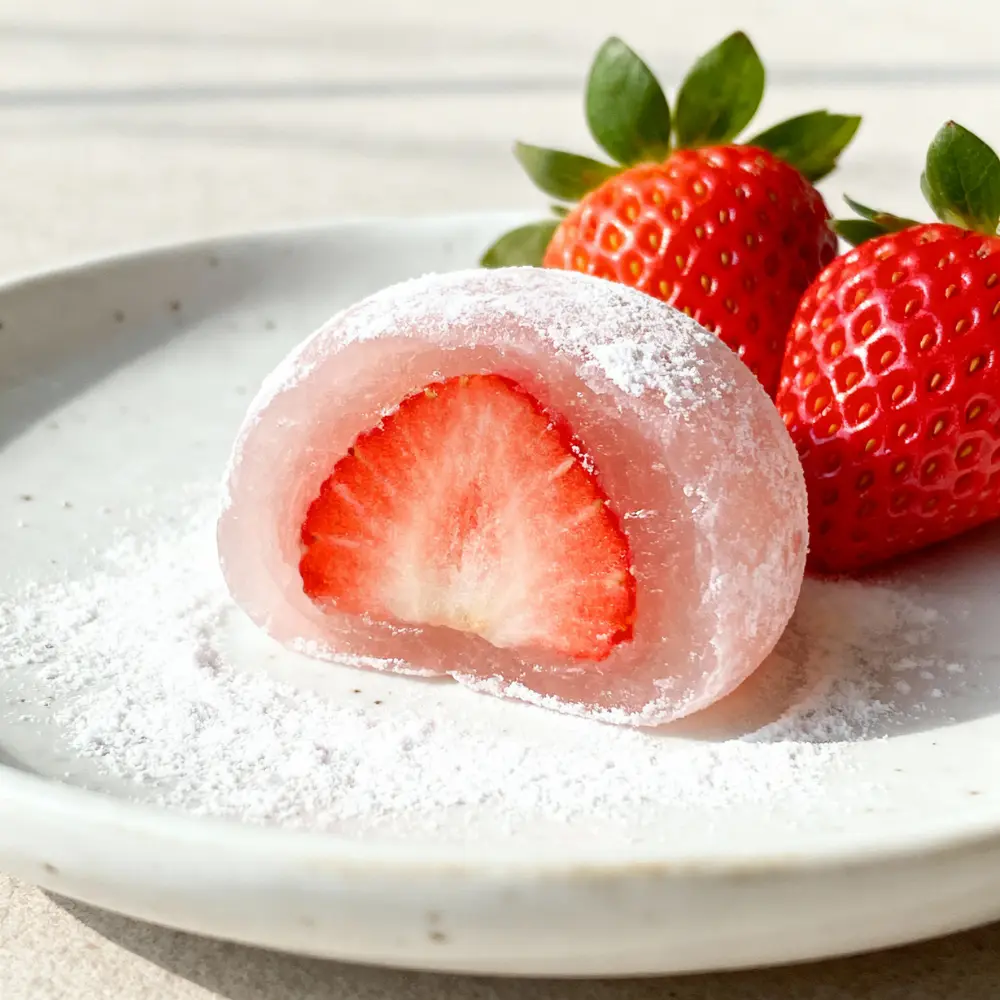 Strawberry Snowball Mochi cross section on a white ceramic plate with powdered sugar and fresh strawberries, Strawberry Snowball Mochi Recipe