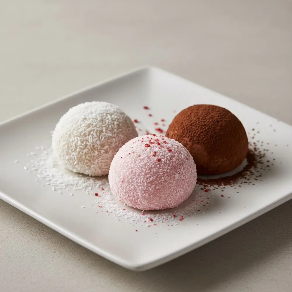 Three Strawberry Snowball Mochi on a white plate with different finishes, coconut flakes, pink with freeze dried strawberry powder, and cocoa dusted, Strawberry Snowball Mochi Recipe