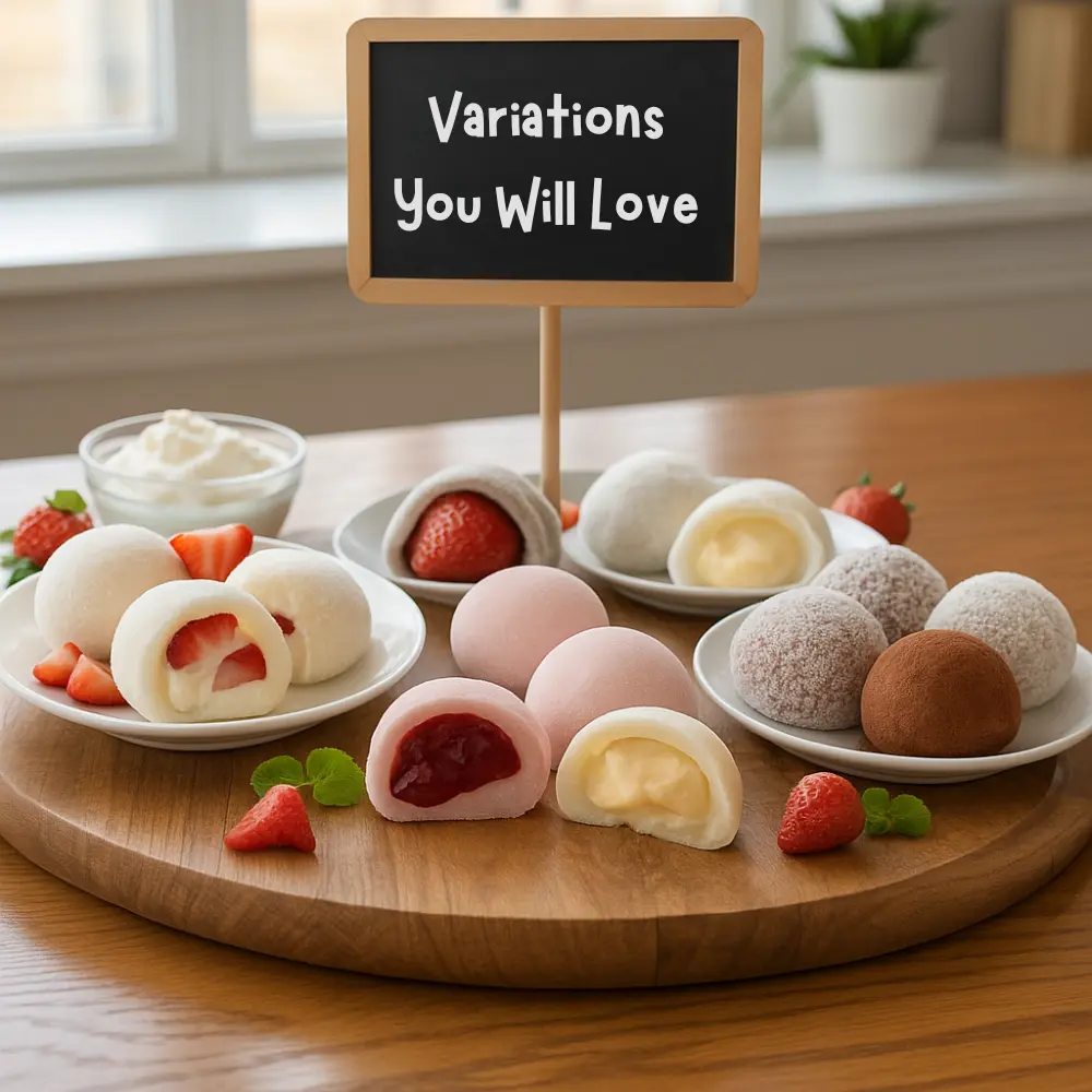 Assorted Strawberry Snowball Mochi variations on a wooden board, shortcake with cream, classic anko, jam or custard centers, and finishes like coconut and cocoa, Strawberry Snowball Mochi Recipe