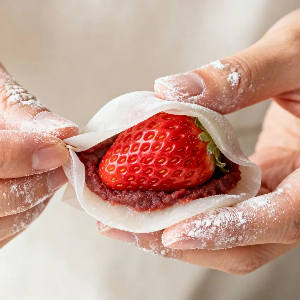 Hands wrapping a fresh strawberry with thin mochi over a layer of red bean paste, Strawberry Snowball Mochi Recipe