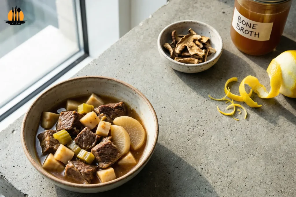     Close-up of bone broth jar and dried mushrooms for a nutrient-dense beef stew.