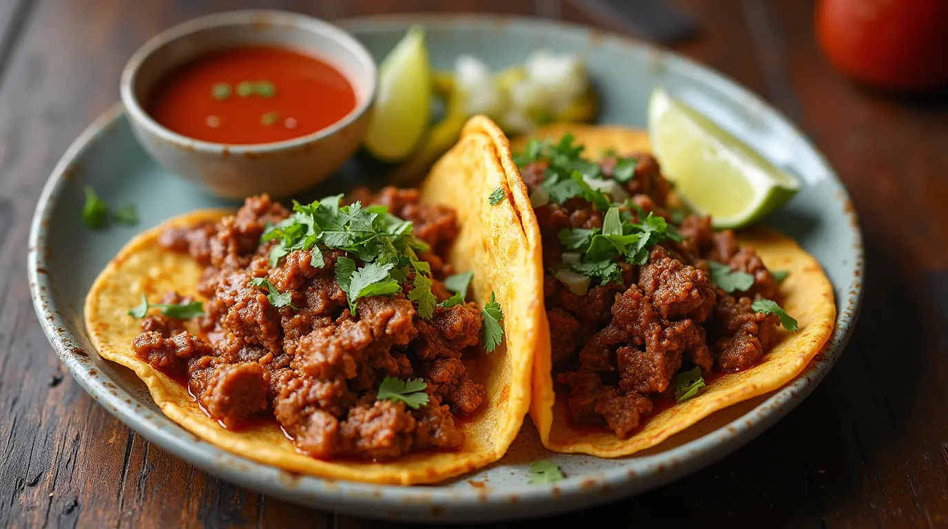 Crispy Birria Tacos with consommé and toppings.