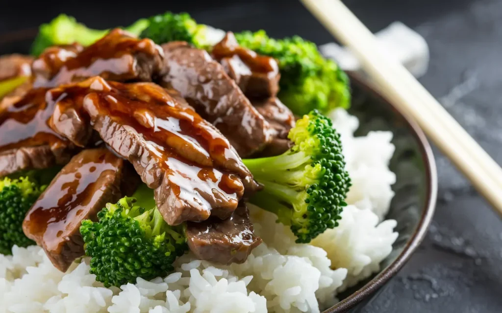 Beef and Broccoli Stir Fry served with rice