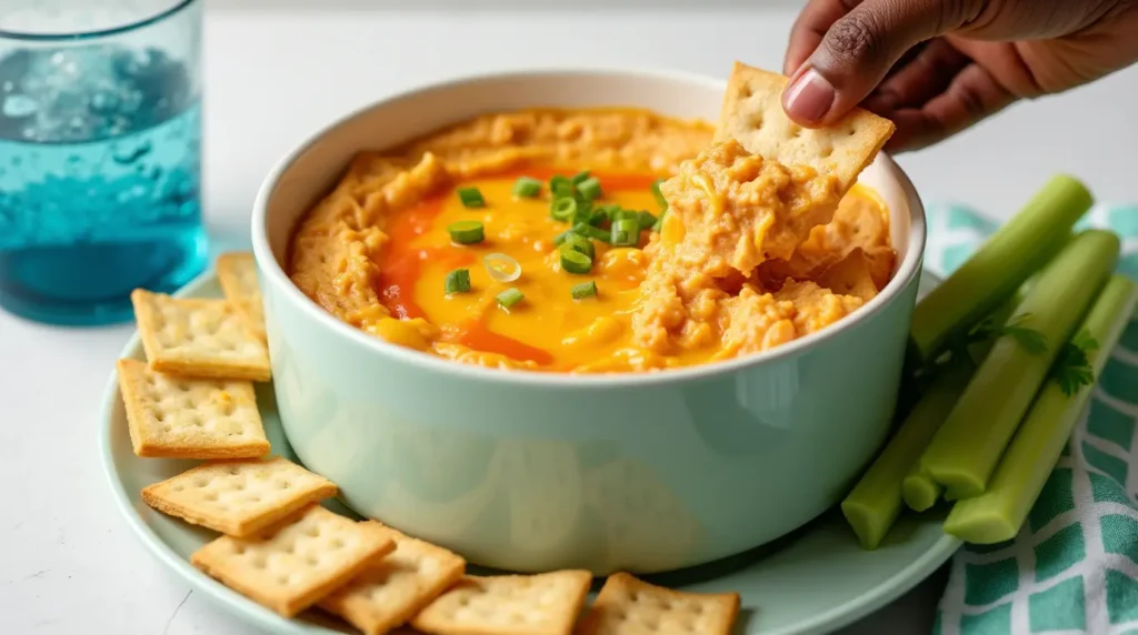 Buffalo chicken dip in a white baking dish with chips and veggies