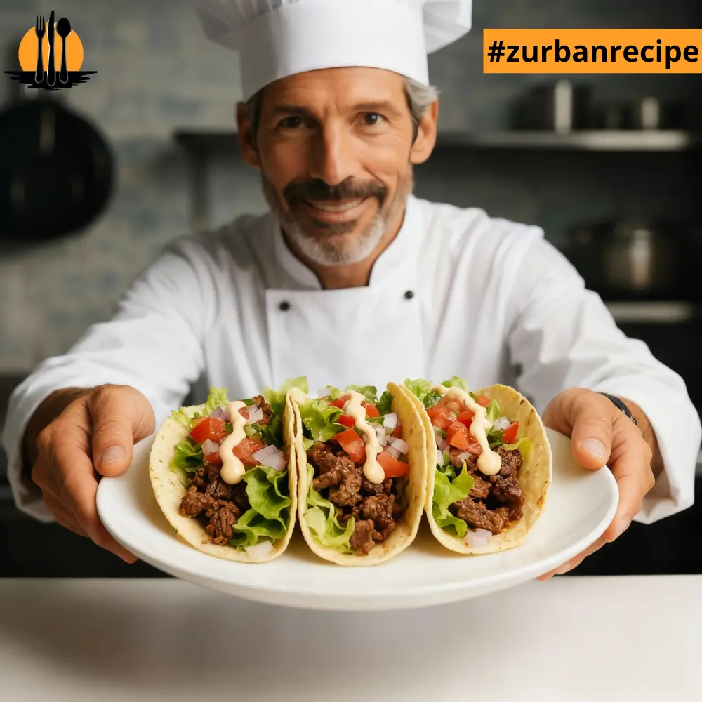 Chef presenting a plate of three beef tacos with fresh toppings as part of the Taco Recipes guide.