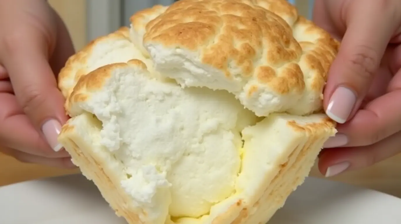 Fluffy golden Cloud Bread stacked on a plate.