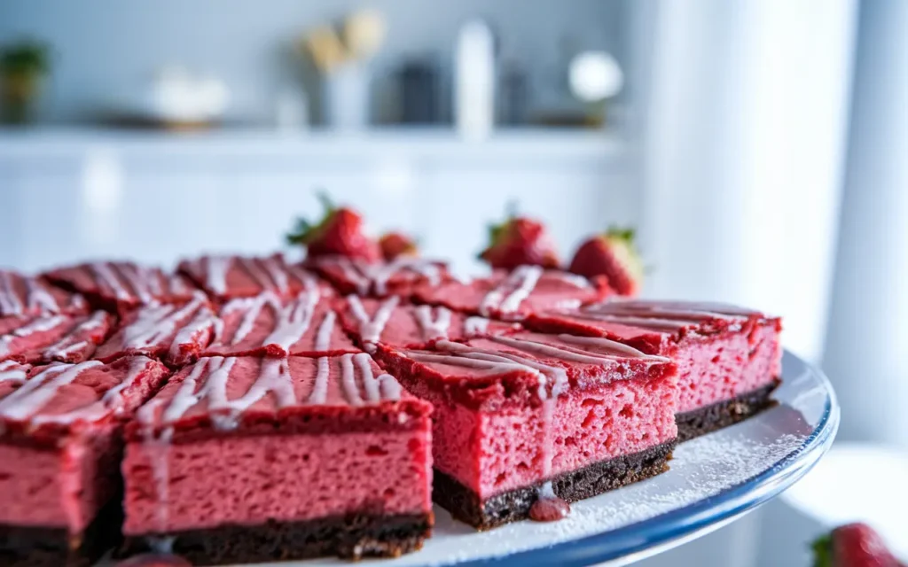 Freshly baked strawberry brownies with glaze