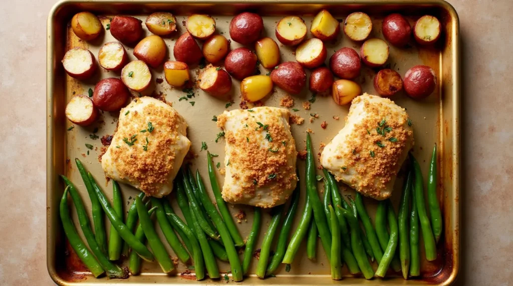 Delicious and healthy Sheet Pan Dinners with roasted chicken, potatoes, and vegetables.