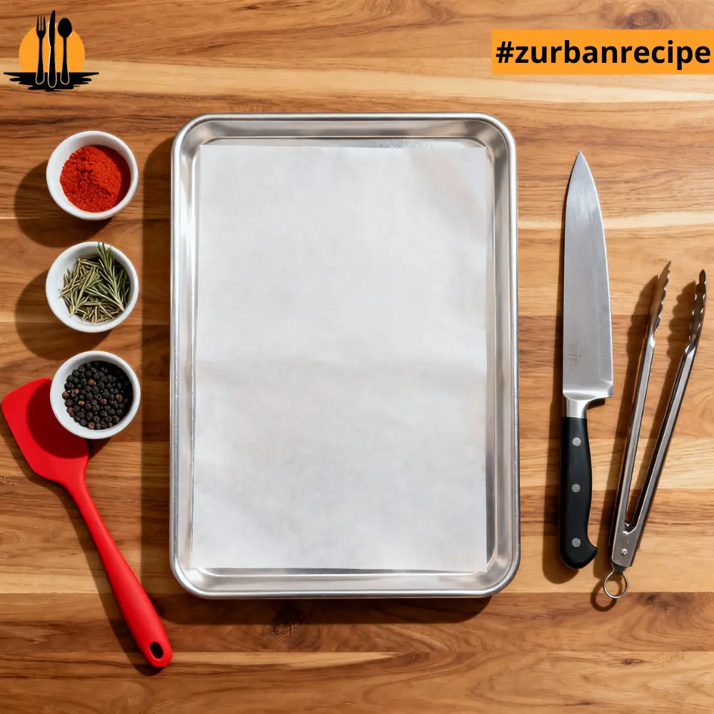 Sheet pan, knife, tongs and spices arranged on a wooden surface showing the essential tools needed for easy Sheet Pan Dinners.