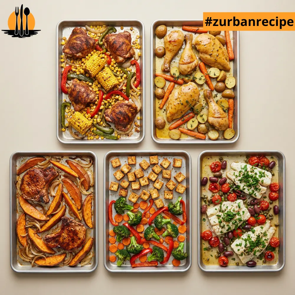 A collage of five Sheet Pan Dinners including Southwest chicken and corn, honey mustard chicken, BBQ pork chops with sweet potatoes, veggie tofu tray, and Mediterranean fish with tomatoes and olives.