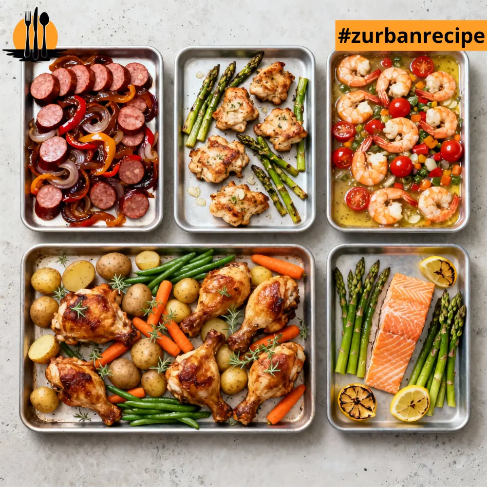 A collage of five different Sheet Pan Dinners featuring sausage and peppers, garlic chicken with asparagus, shrimp scampi tray, roasted chicken and vegetables, and salmon with asparagus.